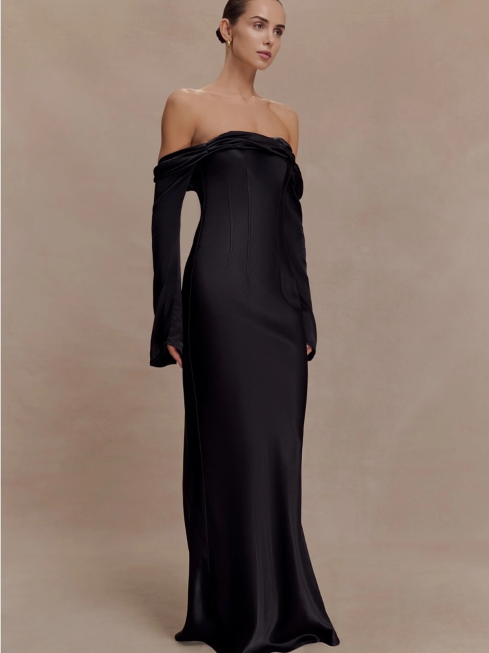 Meshki Black Off-Shoulder Satin Gown